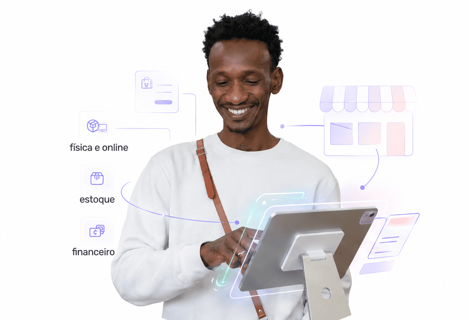 Lojista usando o PDV do Bessi em um tablet, cercado por cards de estoque, loja online e financeiro