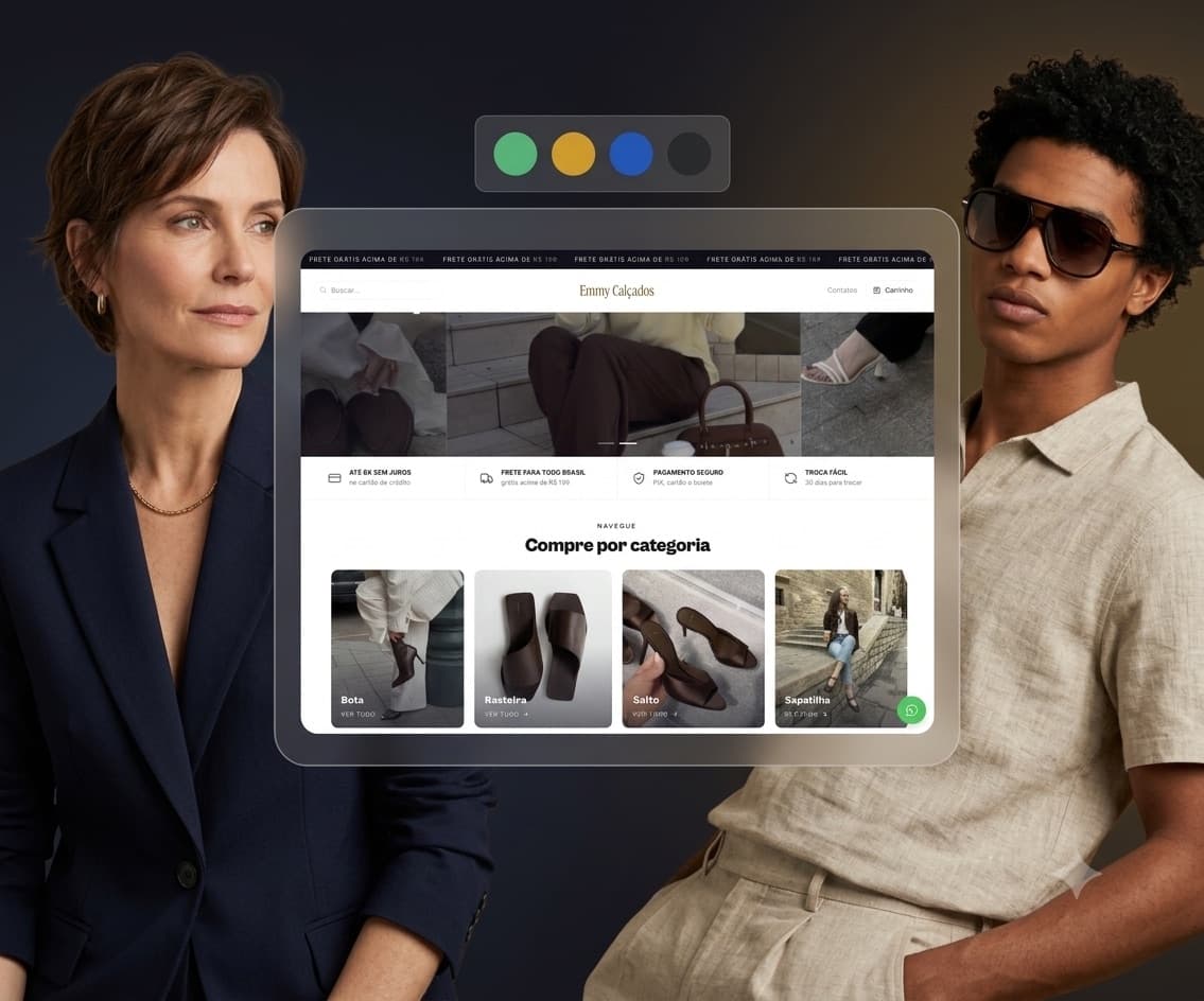 Vitrine da loja online da Bessi aberta em um tablet, entre dois modelos